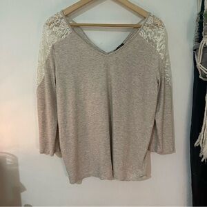 Papermoon Ribbed Neutral Lace Shoulder V-Neck Top XXL - Boho Coquette Aesthetic